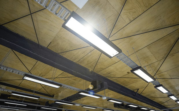 Upward-looking view of an exposed commercial or industrial ceiling, with plywood panels, dark exposed structural beams and services, suspended cable trays, and numerous rectangular fluorescent or LED light fixtures. The utilitarian construction and visible infrastructure create an industrial character.