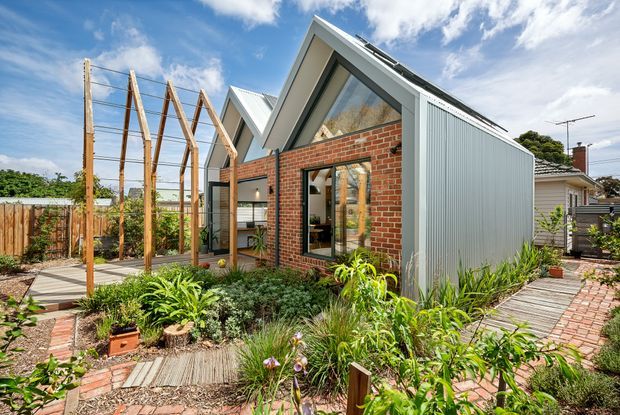 Exterior view of a contemporary residential extension with a prominent steep gable roof, red brick wall, and corrugated light-metal cladding. Large glazed openings connect the house to a landscaped courtyard garden with timber paths, brick paving, timber trellis structures, and established planting. A neighbouring residential roof is visible in the background.