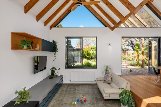 Bright contemporary living room with a dramatic vaulted ceiling, exposed warm timber rafters and beams, and high-level triangular glazing. The room has white walls, dark-framed windows, a built-in timber display shelf and media cabinetry, a neutral sofa, grey rug, indoor plants, and timber flooring continuing into the adjoining glazed area. A ceiling fan and abundant daylight create an airy, open feel.