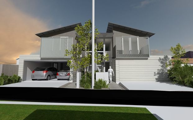 Computer-rendered street-front view of a contemporary two-storey residence with a strongly symmetrical composition. The home has low-pitched projecting roof planes, light horizontal wall cladding, vertical slatted privacy screens and balconies, a recessed central entry, and an integrated double garage. A driveway, front garden planting, boundary wall, and neighbouring homes are visible.