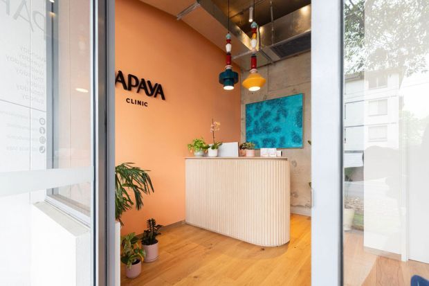 A compact clinic reception viewed through glass entry doors. The space features a curved fluted reception desk in a pale neutral finish, warm timber flooring, a peach-orange feature wall with APAYA CLINIC signage, colourful pendant lights, plants, and a blue-green artwork or wall feature. Glazed doors and windows provide views and reflections of the exterior. The overall interior is bright, warm, and contemporary with playful colour accents.