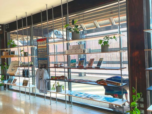Bright contemporary retail or gallery interior with open metal display shelving arranged in rows, holding books, brochures, small objects, clothing, and decorative items. Large glazed openings with vertical screening bring in abundant daylight, while exposed dark structural framing, polished concrete or terrazzo-like flooring, potted plants, and a high industrial-style ceiling define the space.