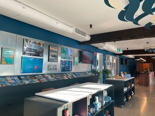 A bright contemporary commercial interior resembling a gallery, retail showroom, or visitor centre. The space has deep teal-blue walls with a long illuminated display wall featuring framed artwork, posters, and printed materials, plus dark built-in display counters and freestanding white-topped island units. Exposed dark timber beams, white exposed ductwork, polished concrete flooring, shelving, track-style lighting, and playful suspended blue-and-white ceiling decorations create an eclectic creative atmosphere.