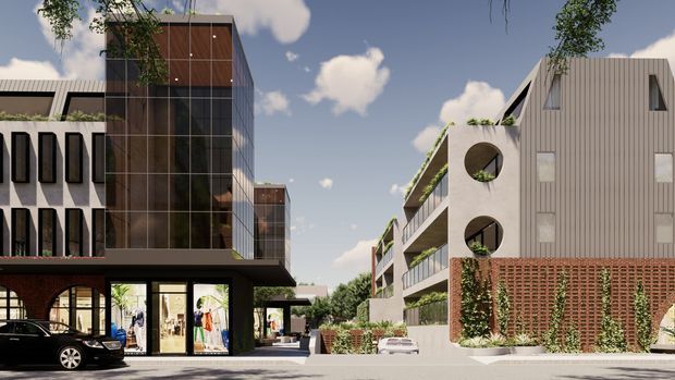 Architectural exterior streetscape showing a contemporary multi-storey mixed-use or residential development. The composition features dark glazed and timber-toned building volumes, a ground-floor retail frontage with arched openings, and a pale vertically ribbed building with circular openings and a landscaped terrace. Brick latticework, planted screens, balconies, and street-level entries contribute to the modern urban character.