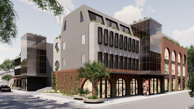Architectural rendering of a contemporary multi-storey urban building with a mixed-material facade. The design combines vertically ribbed light-grey cladding, dark glazed curtain-wall volumes, red brickwork, tall arched ground-floor openings, narrow vertical windows, planted roof terraces, and integrated greenery along the street frontage.