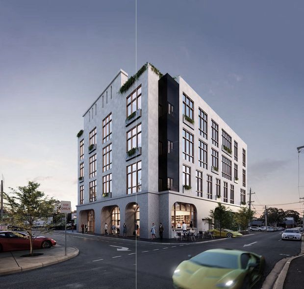 Architectural rendering of a contemporary multi-storey urban commercial building on a street corner. The pale masonry or stucco facade has large vertically proportioned grid windows, dark contrasting recessed sections, planted window boxes, and a ground floor with tall arched openings containing retail or hospitality spaces and outdoor seating. Streets, parked cars, pedestrians, utility infrastructure, and sparse street trees surround the building.