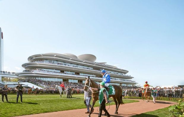 Exterior view of a large contemporary multi-level grandstand or entertainment venue at a horse-racing track, with layered sweeping roof forms, extensive glazing, terraces, and a busy lawn and pedestrian forecourt in the foreground. Horse riders and spectators are visible, with a clear blue sky and landscaped edges.