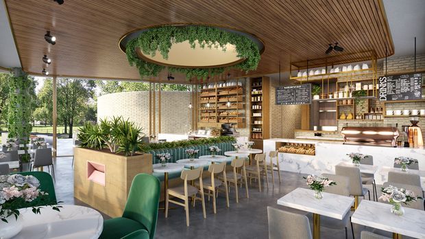 A sophisticated café or restaurant interior with a long marble-clad service counter, extensive timber shelving stocked with bottles and products, dining tables and stools, abundant indoor planting, and a striking oval ceiling planter with trailing greenery. The space features a warm timber slatted ceiling, polished concrete flooring, large windows opening toward a landscaped exterior, and contemporary hospitality-focused detailing.
