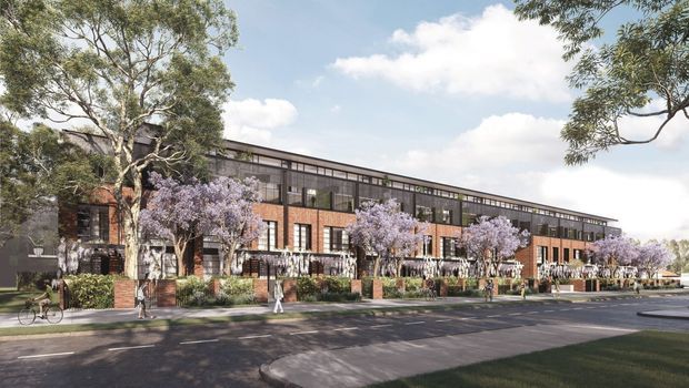 Architectural rendering of a long, contemporary multi-storey brick building in a landscaped suburban streetscape. The facade combines warm brick piers, extensive dark-framed glazing, balconies or terraces, and a shallow low-pitched roofline, with mature trees, jacaranda plantings, pedestrians, and a cycle path in the foreground.