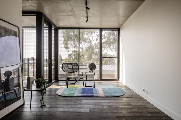 A contemporary, sparsely furnished living room or lounge with a dark timber floor, white walls, exposed concrete ceiling, black-framed floor-to-ceiling glazing, and a small seating arrangement around a colourful geometric rug. Large windows overlook trees and a balcony or exterior ledge. A framed artwork and indoor plant are visible, while track lighting runs along the concrete ceiling.