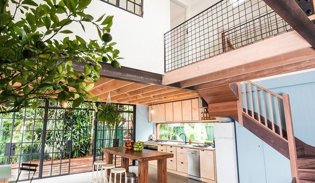 Bright open-plan interior featuring a kitchen and dining area beneath a dramatic double-height timber structure. A central timber dining table with stools sits beside pale fixed kitchen cabinetry and a white island or workbench. Exposed timber beams and ceiling boards, dark metal-framed glazing, an indoor citrus tree, and a timber staircase with blue balustrade accents create a warm contemporary industrial character. A mezzanine level with black wire-mesh guarding overlooks the room.