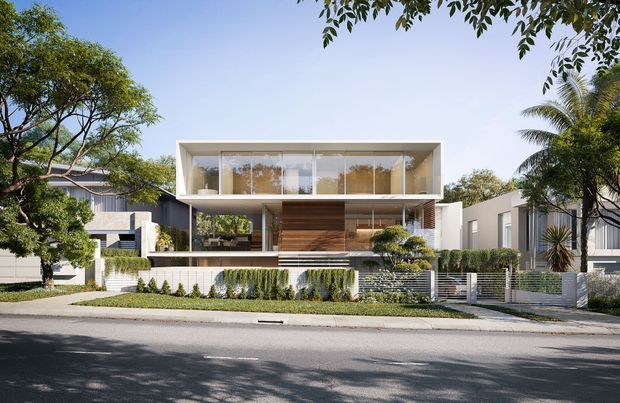 Street-facing architectural rendering of a contemporary multi-level residence. The house has a clean rectangular form, extensive floor-to-ceiling glazing, white rendered walls, timber-clad elements, horizontal metal fencing, and a landscaped front garden with mature trees. Adjacent modern homes are visible on either side.