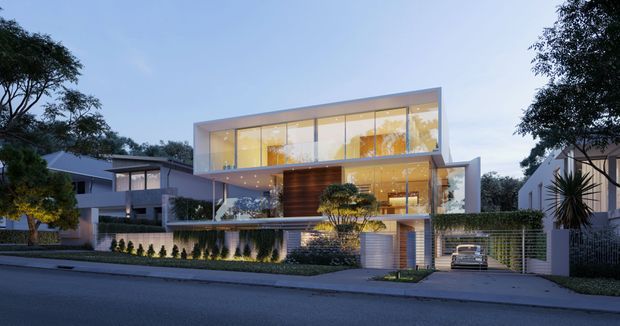 Twilight exterior view of a large contemporary multi-level residence with a crisp rectilinear form, extensive upper-level glazing, warm interior illumination, a projecting upper volume, and a prominent timber-clad entry feature. The property includes landscaped frontage, a rendered boundary wall, a gated driveway, and an integrated garage.