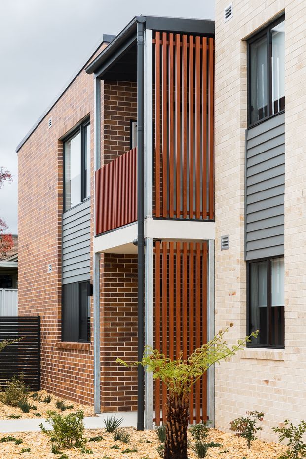 Exterior view of a contemporary multi-storey residential building with contrasting brick and pale masonry facades. Narrow balconies and entry areas are screened by vertical warm timber slats, while dark metal gutters, frames, and horizontal cladding provide contrast. Low-maintenance landscaped planting and pale gravel line the base of the building.