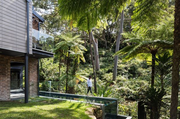 Exterior view of a contemporary multi-level home set within dense, lush bushland. The facade combines horizontal dark cladding, exposed brickwork, extensive glazing and slim dark framing, with a glass balustrade along a landscaped terrace or walkway. Ferns and mature trees surround the building, creating a strongly integrated garden setting.