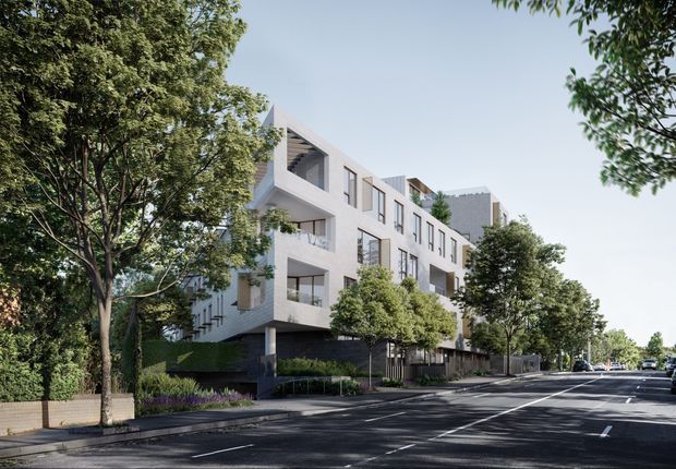 Street-level architectural rendering of a contemporary multi-storey residential apartment building with a long white rendered facade, projecting balconies, recessed terraces, dark-framed windows, and a raised landscaped frontage. Mature street trees, planted garden beds, pavement, and a broad urban road frame the building.