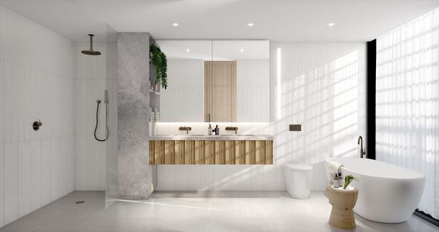 Bright, spacious contemporary bathroom featuring a walk-in shower with rainfall showerhead, freestanding bathtub, toilet, wall-mounted double vanity, large mirror, vertical fluted wall surfaces, pale stone-look finishes, and sheer-filtered floor-to-ceiling glazing. Natural timber-toned vanity detailing and greenery add warmth to the otherwise light, refined interior.
