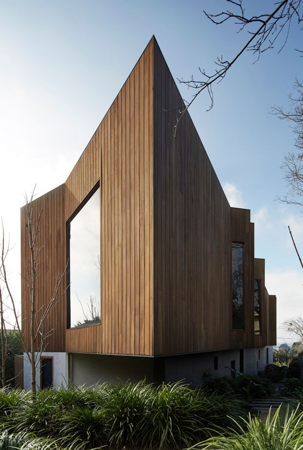 Exterior architectural photograph of a sharply angular, single-storey-looking residence with a dramatic triangular gable form and tall, vertically grooved timber cladding. Deep-set vertical windows puncture the timber facade, while a dark concrete or masonry base anchors the elevated structure. The building is surrounded by landscaped grasses and leafless trees under a clear sky.