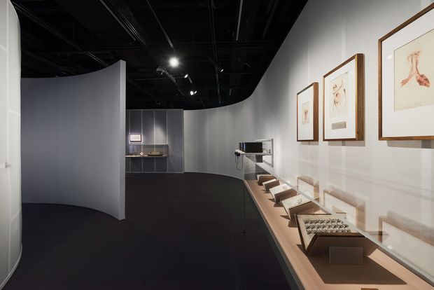 A sleek, dark contemporary exhibition gallery or museum interior with curved white partition walls, a black exposed ceiling, dark flooring, framed artwork, and illuminated glass display cases containing small objects and publications. Track lighting creates a focused, refined presentation atmosphere.