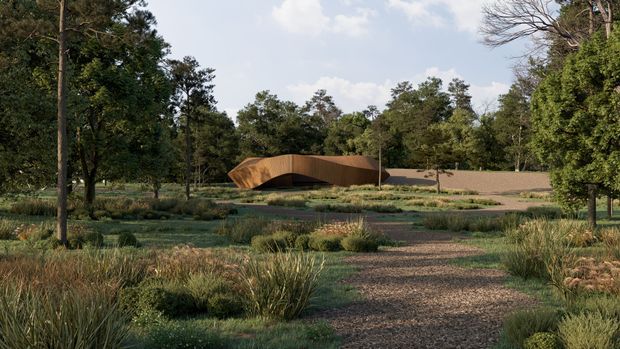 A low, sculptural building with a sweeping curved brown facade sits within a landscaped woodland setting. A gravel path leads through ornamental grasses and low planting toward the building, which is partially screened by mature trees. The scene has a quiet, natural, contemporary architectural character.