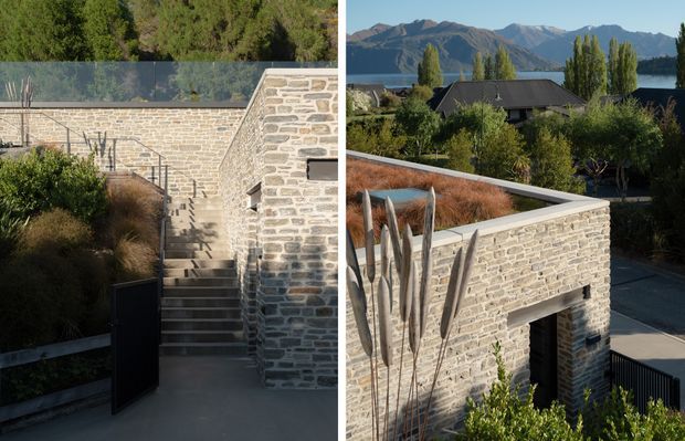 A split-view architectural photograph of a stone-clad residential exterior. The left view shows a narrow outdoor stair descending between pale masonry walls, dark metal fencing, and planted garden beds. The right view shows a flat-roofed stone structure with a rooftop garden or planted roof edge, a recessed doorway, and surrounding landscaping. Mountains, trees, and a lake or body of water are visible in the background.