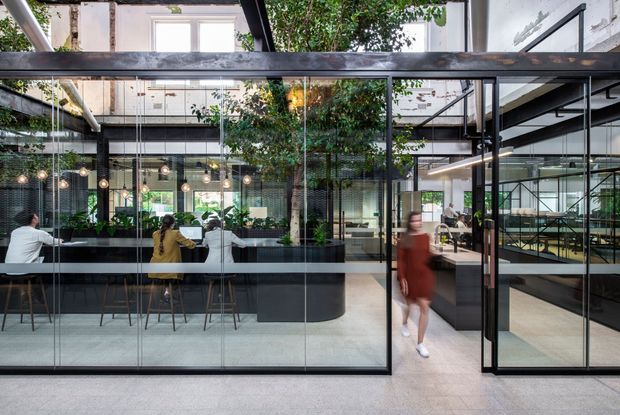 A contemporary commercial interior organized around a large indoor courtyard or atrium. A long dark counter with bar stools sits behind full-height glass partitions, with several people working or dining. Mature indoor trees and planting provide a biophilic focal point, while black steel-framed glazing, exposed structural elements, pendant lights, and a visible stair create an open office or hospitality-like environment across multiple levels.
