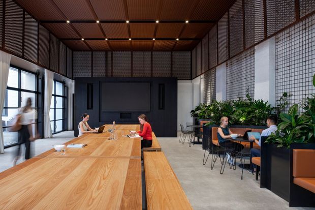 A spacious contemporary communal dining and breakout area with a long solid-wood table and benches, café-style seating, extensive indoor planting, and a large dark media wall. The space has a high industrial-style interior with a slatted timber ceiling, exposed gridded metal screens, concrete flooring, black-framed glazing, and integrated linear lighting. People are using the tables and lounge seating, reinforcing a workplace or hospitality setting.