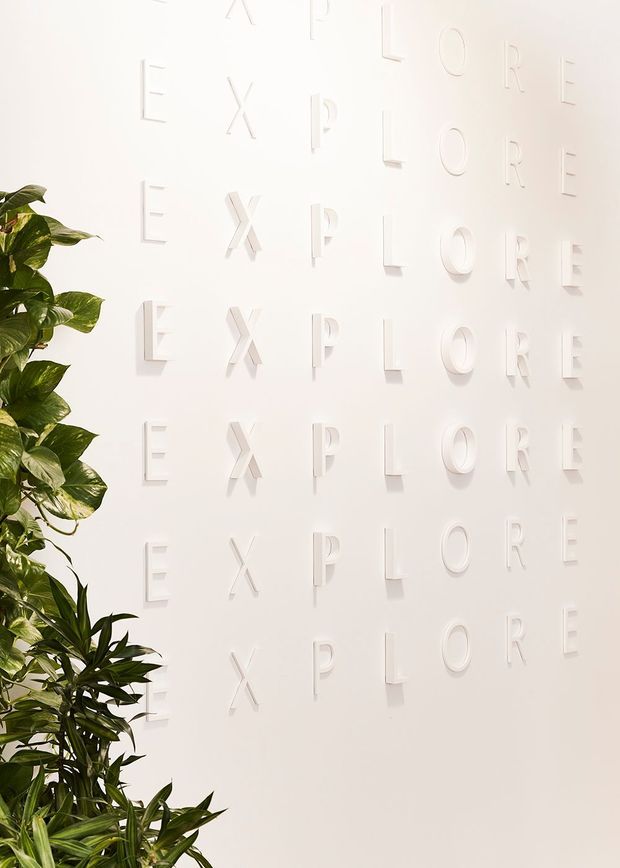 A bright minimalist interior wall featuring repeated raised white lettering spelling “EXPLORE,” creating a subtle three-dimensional typographic feature. Lush green indoor plants partially frame the left side, with soft directional light casting delicate shadows across the white surface.
