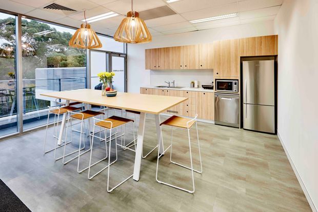 Bright open-plan commercial-style kitchen and dining breakout area with extensive floor-to-ceiling glazing, a long pale island table with stools, light timber built-in cabinetry, stainless-steel appliances, and sculptural pendant lights. The space has a clean contemporary fit-out with a neutral palette and abundant natural light.