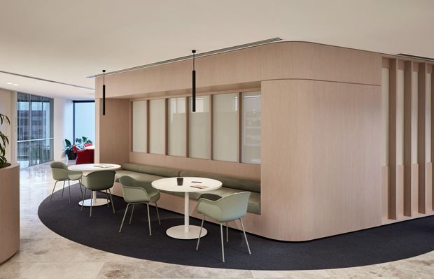 Contemporary commercial interior with a curved, pale timber-clad architectural partition enclosing a glazed meeting or workspace area. A built-in upholstered bench runs along the partition, accompanied by several small round tables and muted green chairs. Black linear pendant lights, dark carpet zoning, polished light flooring, vertical timber screening, and extensive glazing create a refined, open office lounge or collaborative breakout space.