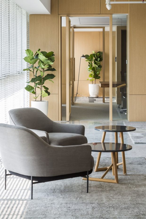 Bright contemporary interior lounge or reception area with two rounded grey upholstered armchairs and nested round coffee tables on a pale textured carpet. Full-height light timber wall panelling and matching timber-framed glazed sliding doors lead to a compact office or workspace beyond. White venetian blinds provide filtered daylight, while indoor plants add greenery. The space has a clean, refined, warm-minimal aesthetic.