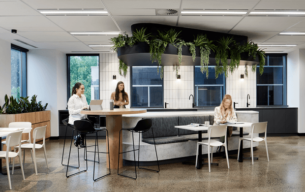 A bright contemporary office hospitality area with a long communal island, integrated seating, bar stools, dining tables, and several people working. The space features extensive indoor planting in a large suspended planter, black and timber joinery, polished concrete flooring, a suspended acoustic tile ceiling, and large windows.