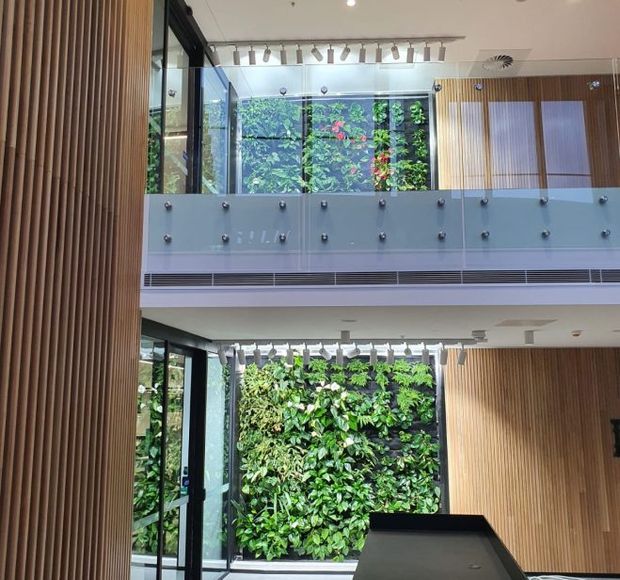 A bright contemporary double-height interior featuring a glass-balustraded mezzanine, extensive vertical timber wall battens, black-framed glazing, track lighting, and lush green living walls visible through the central openings. A dark counter or reception desk occupies the foreground.