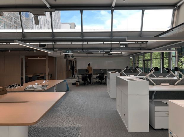 A contemporary open-plan office interior with rows of white workstations, task lighting, office chairs, and built-in desks. The space features exposed ceiling services, suspended linear lighting, extensive clerestory and full-height glazing, grey carpet, and light timber-toned work surfaces. A large communal worktable occupies the foreground, with greenery visible outside the windows.