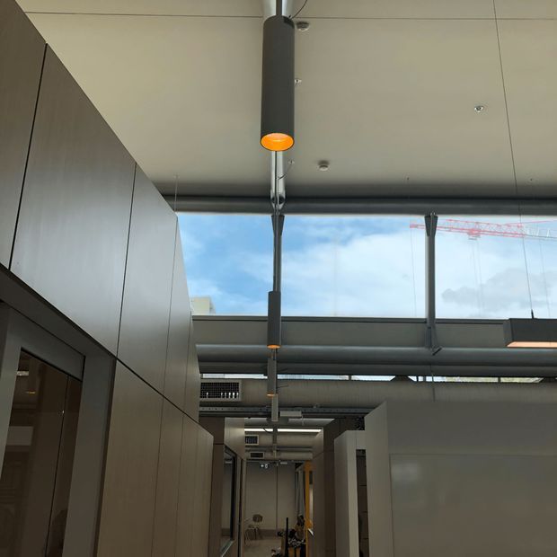 Interior view of a contemporary commercial corridor or office fit-out, with tall pale wood or laminate wall panels, exposed dark mechanical services, suspended linear and cylindrical lighting, and clerestory glazing bringing in daylight. The space extends toward work areas in the background.