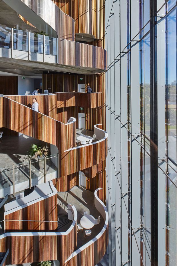 A tall, multi-level interior atrium or circulation space with sweeping curved balconies and stair edges wrapped in vertical timber battens. Large floor-to-ceiling glazed curtain walls line the right side, creating a bright, airy civic or commercial setting. White sculptural chairs and small tables occupy several balcony areas, while exposed concrete slabs and metal balustrades contrast with the warm timber cladding.