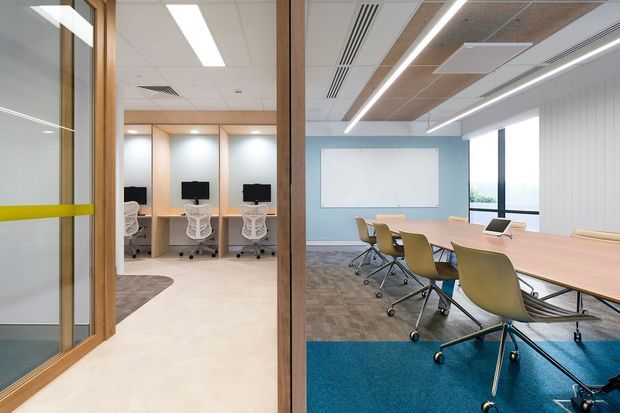 Contemporary commercial office interior viewed through a glazed timber-framed partition. The image shows an open meeting or conference room with a long light-wood table, rolling olive-green office chairs, a wall-mounted whiteboard, blue and grey carpet zones, and expansive windows. A small open workstation area with individual desks and monitors is visible beyond the partition. The ceiling features linear recessed lighting, acoustic panels, and exposed services, creating a bright, functional workplace environment.