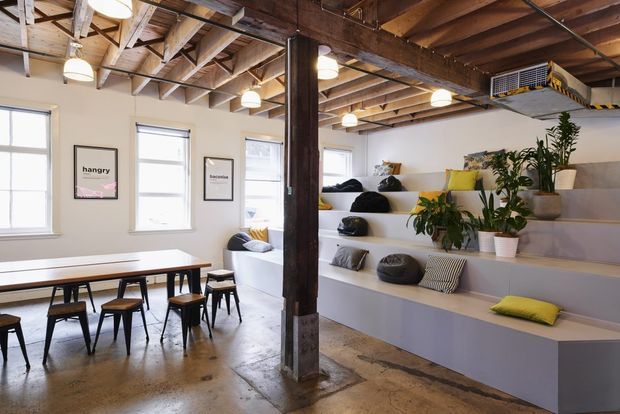 Open-plan commercial-style interior with exposed timber roof framing and beams, a polished concrete floor, communal dining table and chairs, and tiered built-in bleacher seating lined with cushions and potted plants. Large windows provide abundant natural light, while pendant lights and exposed structural elements create an industrial, informal gathering space.