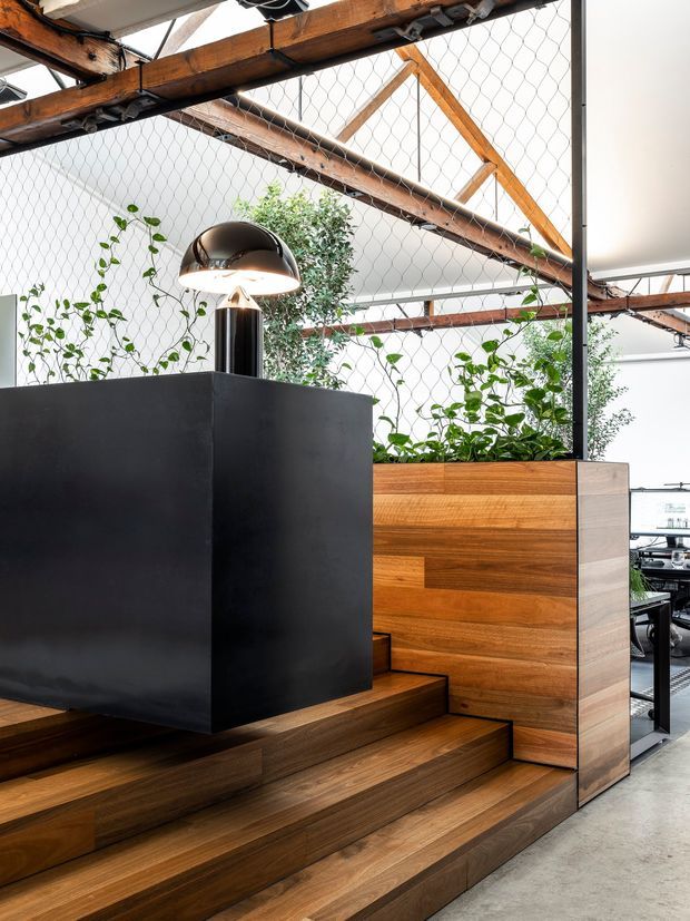 A contemporary commercial interior with a tiered dark timber platform and steps, a large matte-black built-in volume, integrated planter boxes, and a sculptural dome pendant light. Exposed timber roof trusses, wire-mesh partitions, abundant greenery, and glimpses of desks create an open industrial workplace atmosphere.