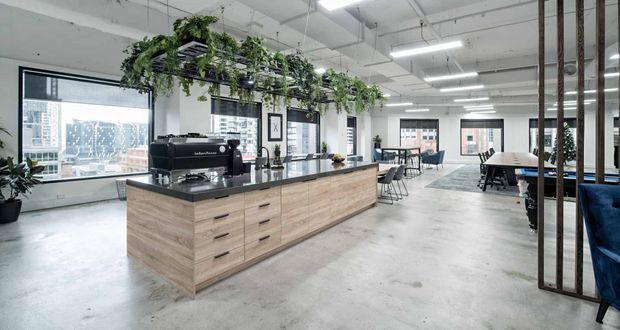 A bright contemporary commercial office interior with an open-plan layout, polished concrete floor, exposed services, linear pendant lighting, and large windows overlooking an urban setting. A long timber-look kitchen and coffee station with black stone benchtop anchors the foreground, while desks, lounge seating, plants, and black-framed glazed partitions occupy the background.