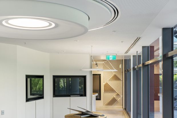 Bright contemporary commercial interior corridor or reception area with a white sculptural circular ceiling feature and integrated lighting, linear acoustic ceiling detailing, dark-framed windows, timber and dark-panel joinery, and a decorative perforated screen near an exit door. The space appears clean, refined, and professionally designed.