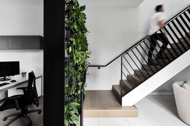 A bright contemporary interior showing a stairway with black metal balustrades, pale timber treads, and light flooring. A planted open shelving divider separates the stairs from a compact home office with a desk, monitor, and ergonomic chair. White walls, black built-in cabinetry, and a partial upholstered seating area are visible.
