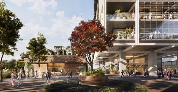 Architectural rendering of a contemporary multi-storey commercial or mixed-use building opening onto a landscaped public plaza. The design features a strongly rectilinear concrete frame, extensive floor-to-ceiling glazing, open terraces with planting, a brick-clad lower volume, and a shaded covered pedestrian area. Mature trees, large planters, paving, and people populate the outdoor forecourt.