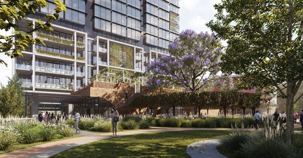 Architectural visualization of a landscaped urban mixed-use development, showing a tall contemporary building with extensive glass façades, balconies, planted terraces, and a landscaped public plaza with curved paths, mature trees, ornamental grasses, and a pergola-like pedestrian structure.