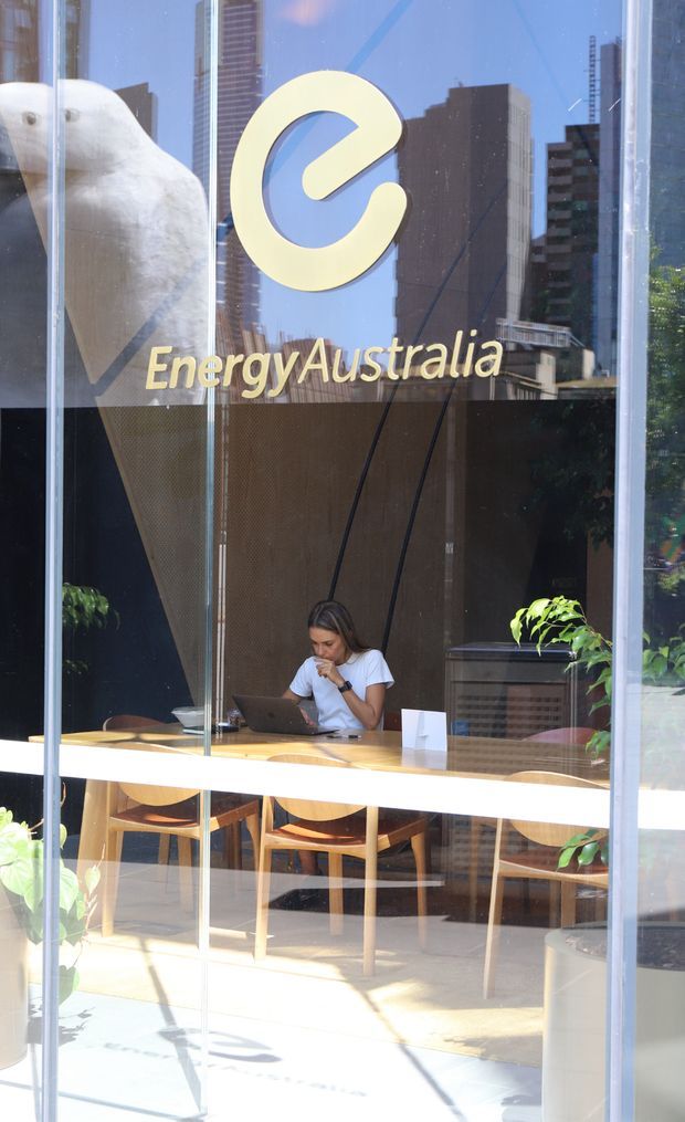Street-level view through a full-height glazed storefront into an EnergyAustralia office or reception space. The prominent branded glass facade reflects surrounding city buildings, while inside a woman works at a laptop at a long light-wood table with timber chairs and indoor plants. The scene is bright and urban, with strong daylight and a visible corporate logo.