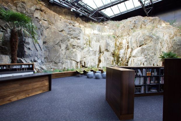 A dramatic interior workspace or lounge carved into exposed natural rock, with a large skylight and steel roof structure above. Dark timber built-in cabinetry, shelving, a low credenza, indoor palms, and several lounge chairs sit on a dark carpeted floor. The space has an industrial, cave-like character with strong natural stone walls and abundant overhead daylight.