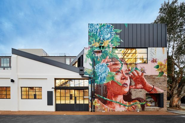 Exterior view of a contemporary multi-level building with a white rendered facade, dark metal roof and cladding, brickwork, and large industrial-style glazed doors and windows. A prominent colourful mural featuring a woman's face, flowers, and foliage spans the central facade. The building fronts a paved street and is partially framed by mature trees.
