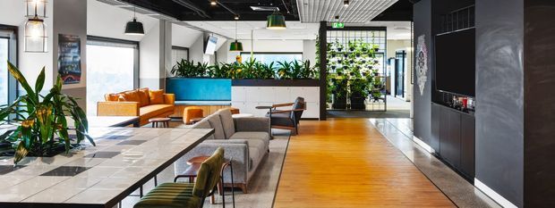 Bright contemporary commercial lounge and reception area with a long tiled communal table, lounge seating, indoor plants, a turquoise planter wall, timber flooring, pendant lighting, and a dark service or kitchenette wall.