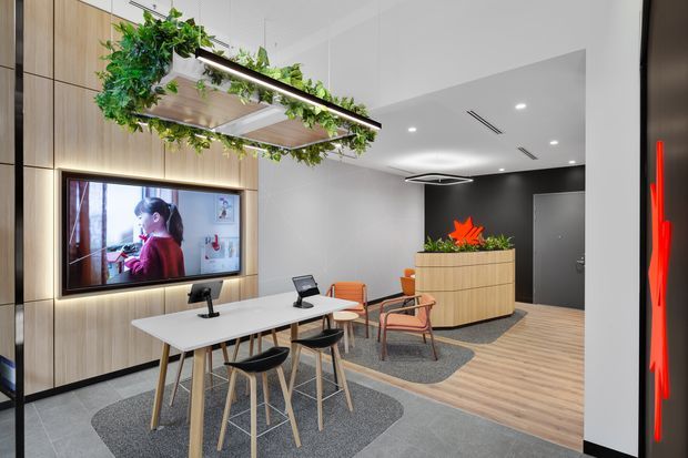 Contemporary commercial reception and collaborative lounge area with a long white worktable, stools and chairs, integrated display screen, timber wall panelling, patterned carpet zones, light timber flooring, and a curved timber reception counter. Suspended linear lighting incorporates abundant trailing greenery, while dark feature walls and recessed lighting add contrast.