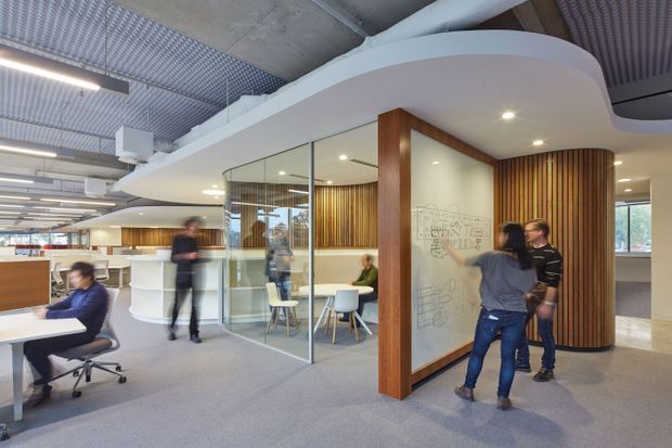 Open-plan contemporary commercial office interior with shared workstations, meeting rooms enclosed by clear glass partitions, curved white ceiling bulkheads, exposed services, warm vertical timber wall panelling, and a large framed writable glass board. Several people are using the collaborative workspace.